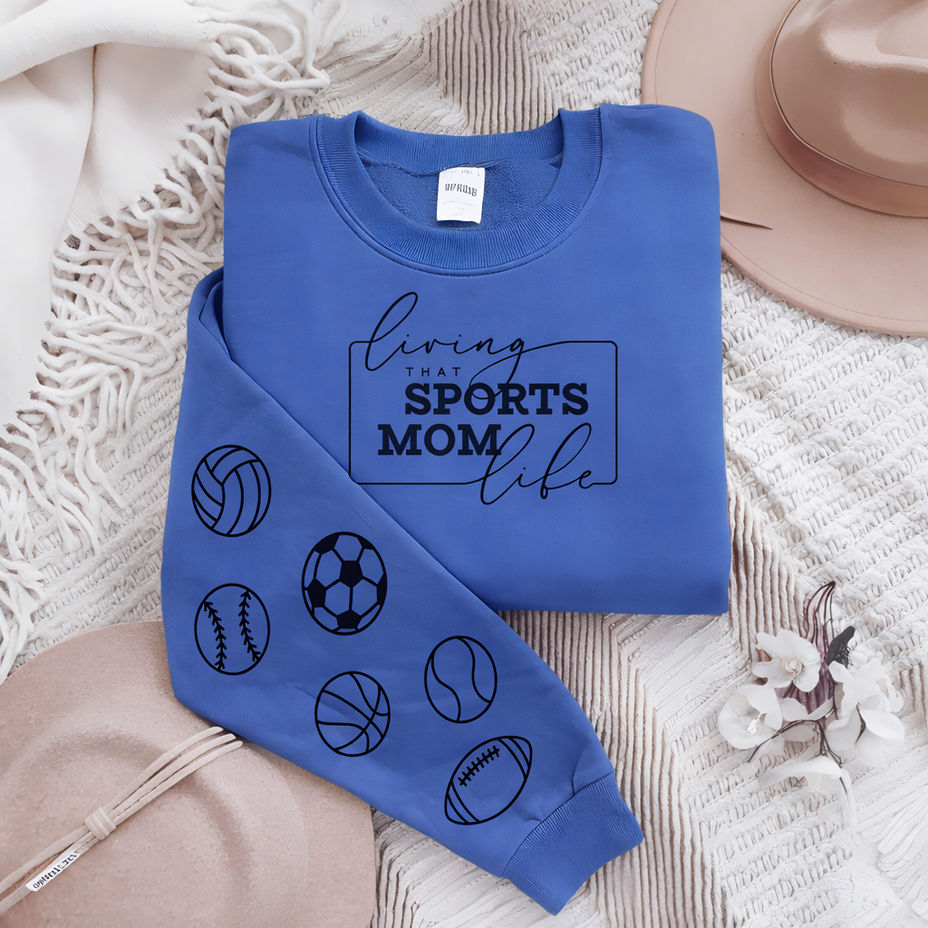 Living my Sports Mom Life with sports for sleeve SCREEN PRINT