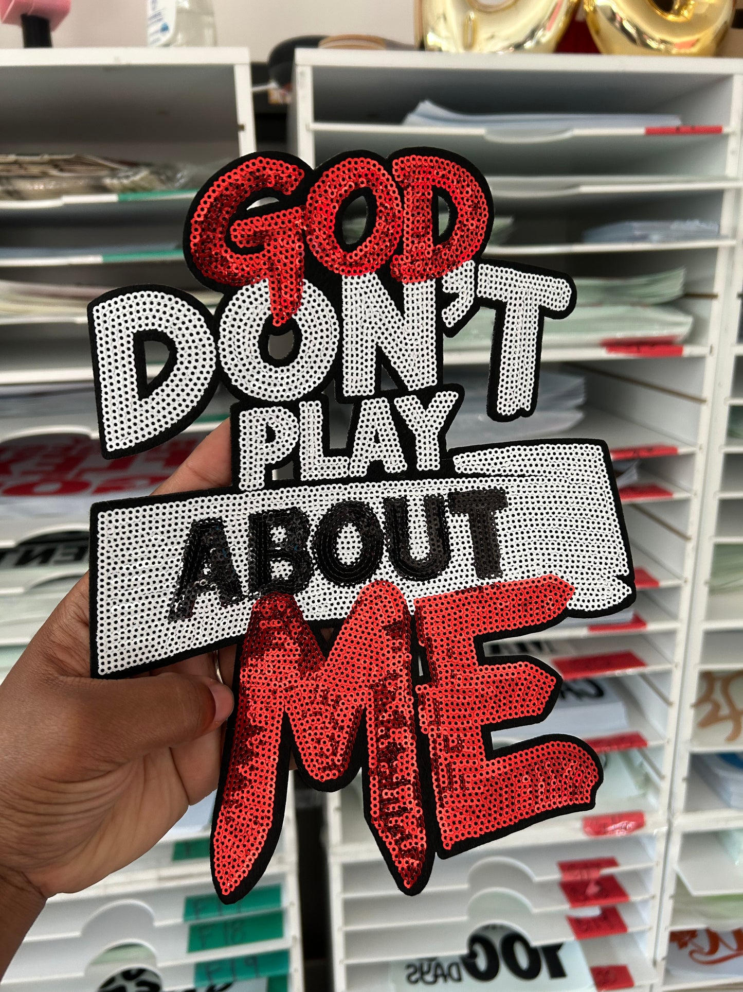 10-11 inch Red God Don't Play About Me Chenille Patches for crewnecks/T-shirts | Embroidered