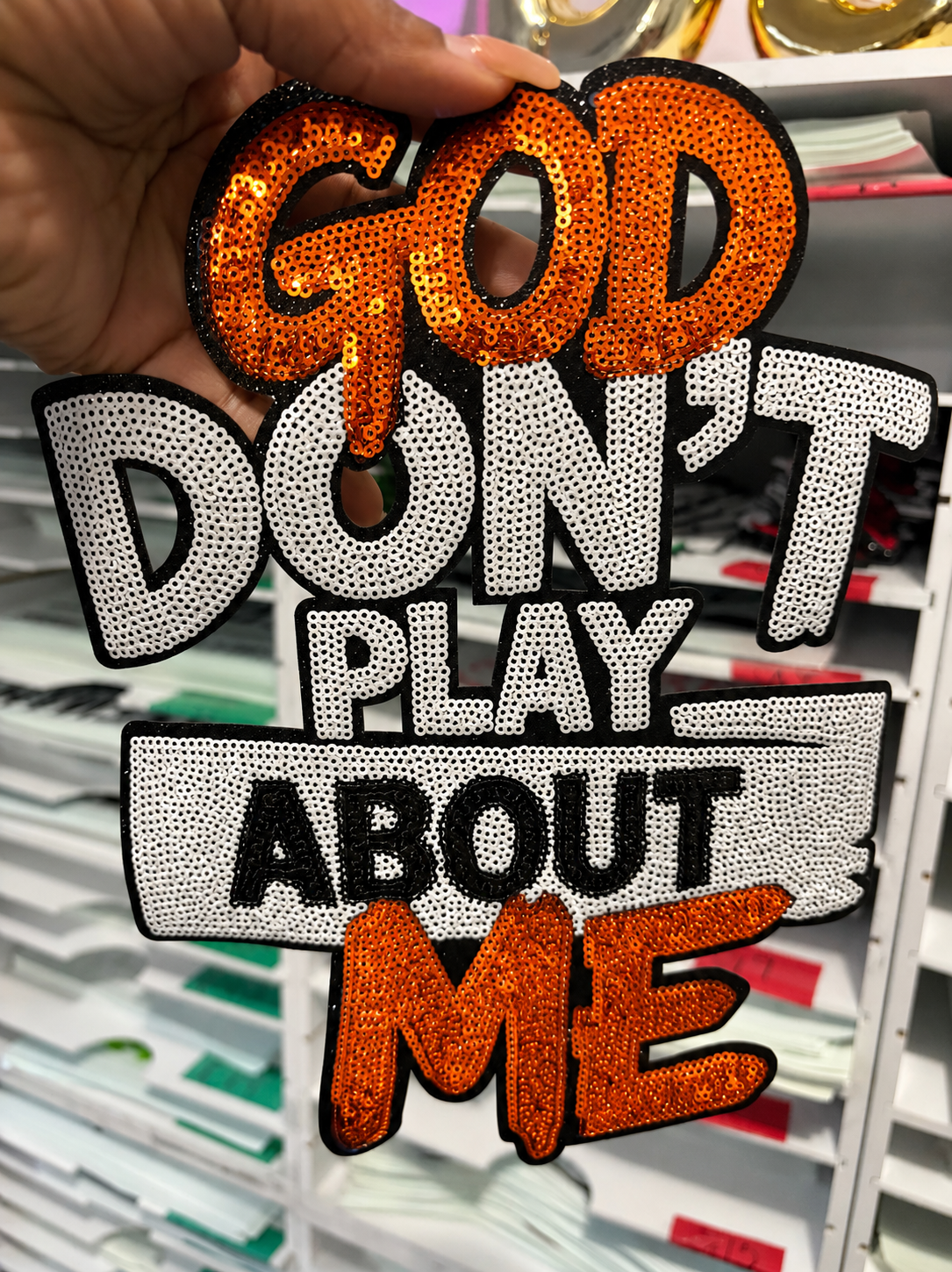 Orange l Blue God Don't Play About me Chenille Patch | , Embroidered Patch