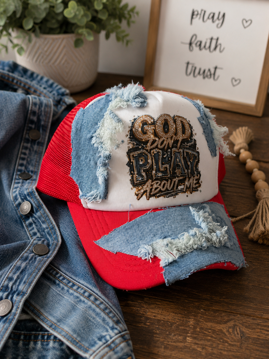 God Don’t play about me denim Trucker Hat