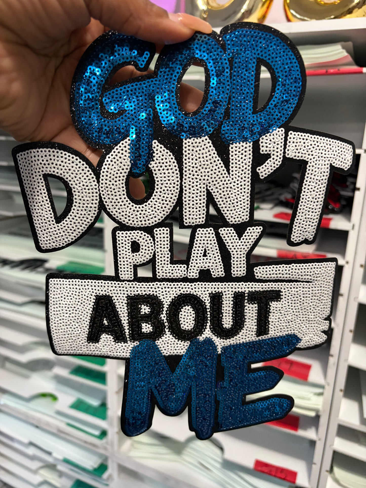 Royal Blue God Don't Play About me Chenille Patch | , Embroidered Patch