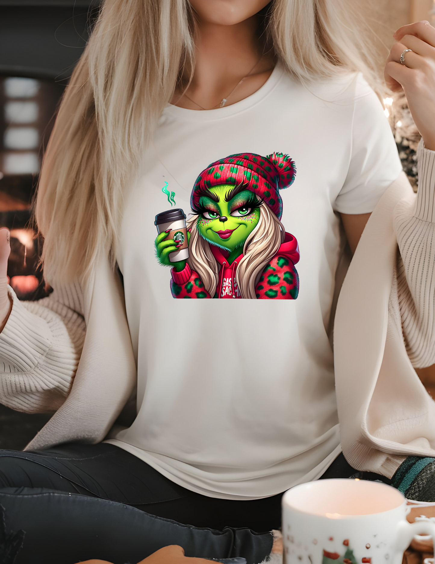 Grinch Girl Red Leopard Hat / Jacket DTF Transfer
