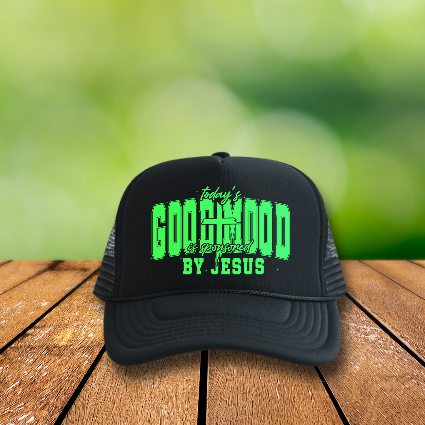 3 inch Today's Good Mood is Compliments of Jesus Hat Transfers