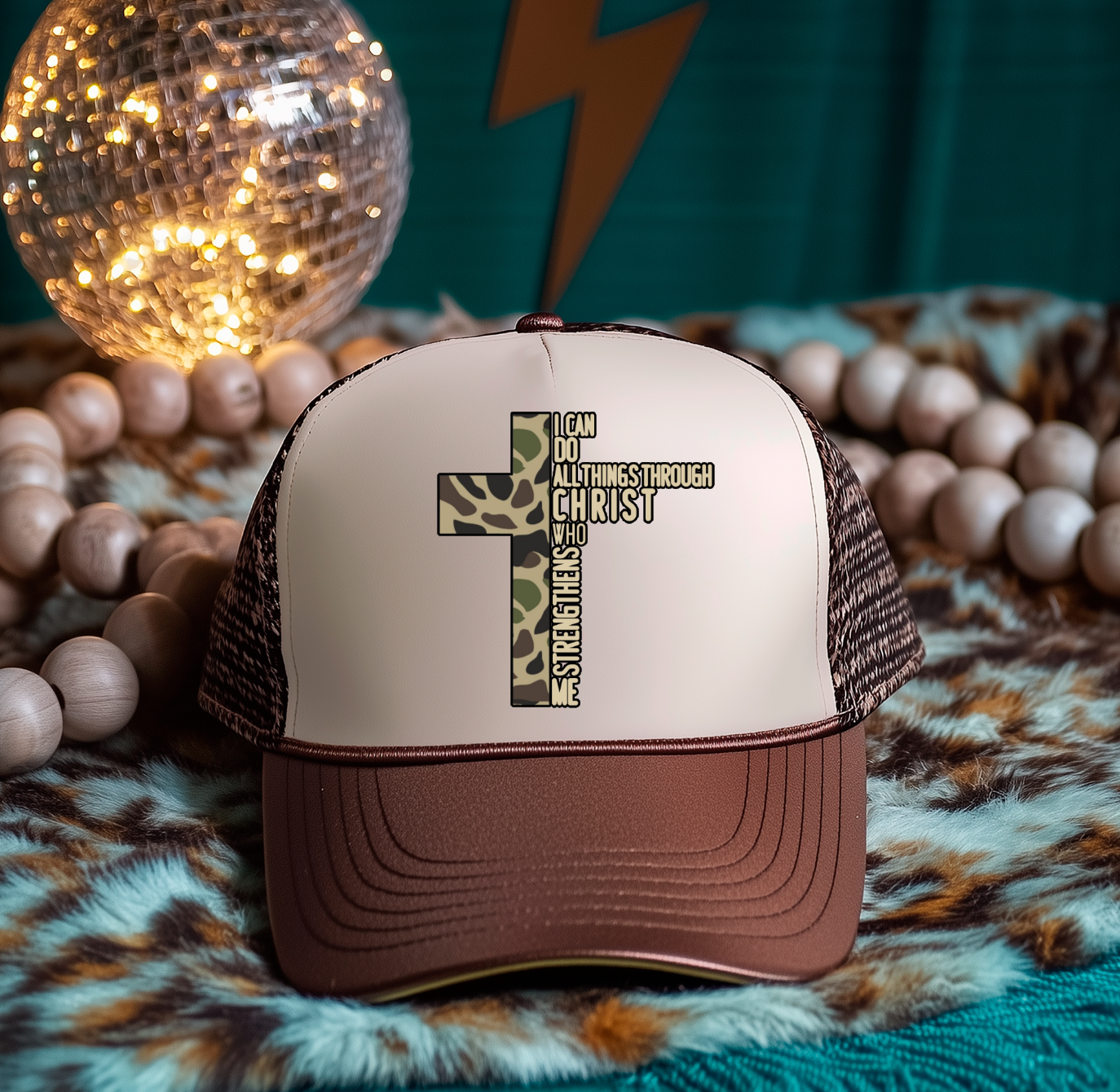 3 inch I can do all Things Through Christ Camo Hat Transfers