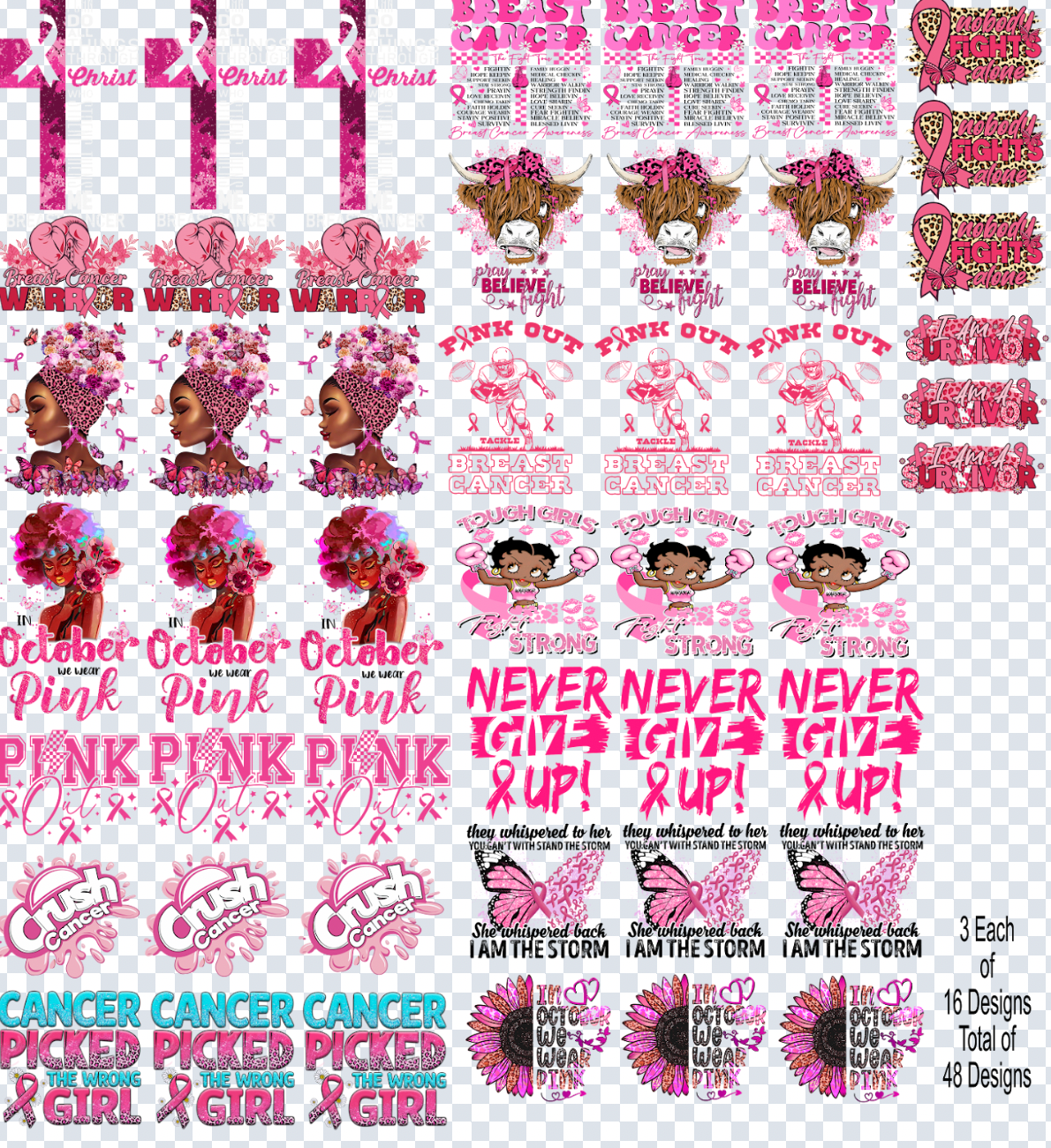 Breast Cancer Gang Sheet 22x24 + 48 Trucker Hat Size Transfers for Just $0.50 Each Print