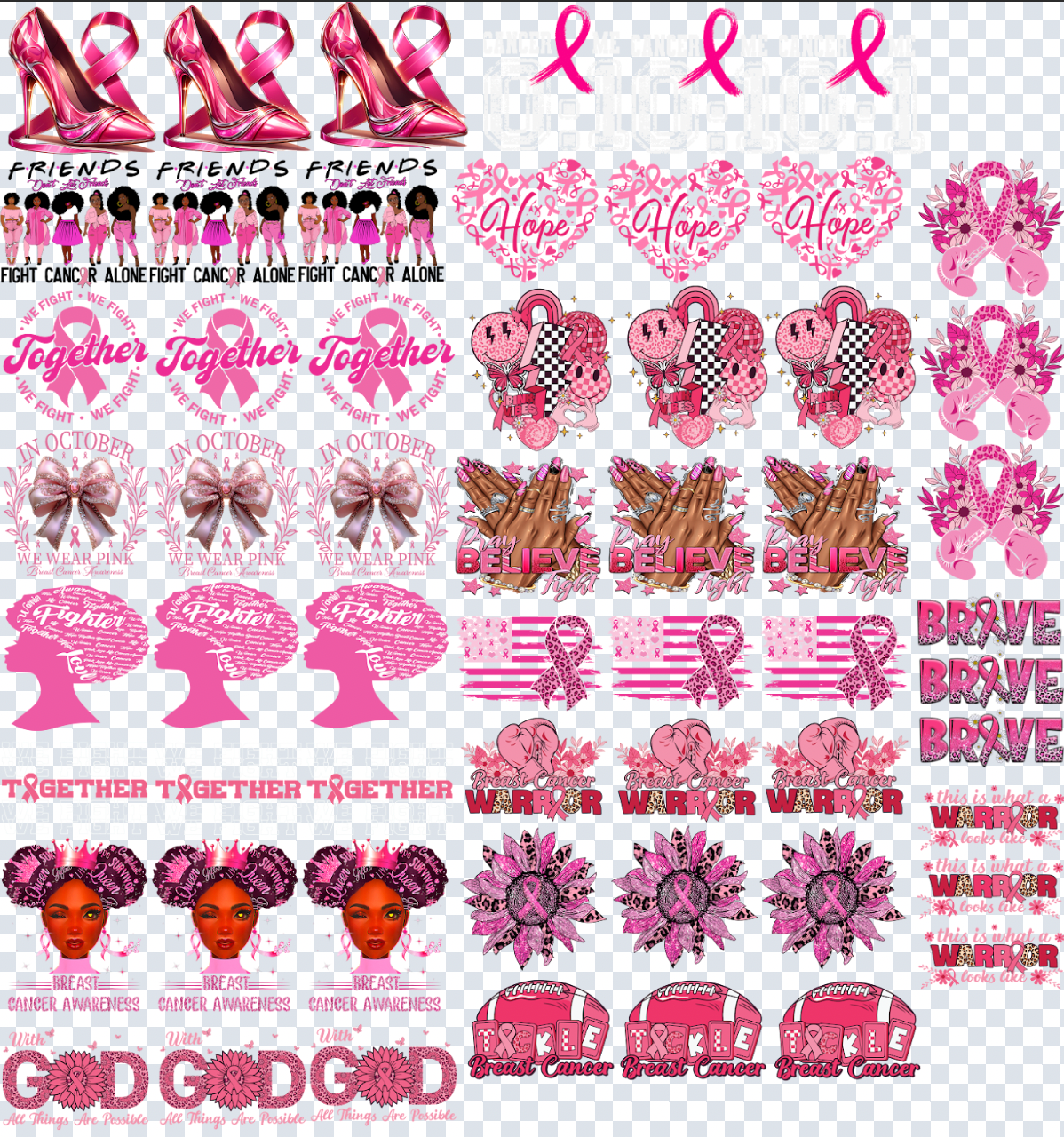 Breast Cancer 2 Gang Sheet 22x24 + 48 Trucker Hat Size Transfers for Just $0.50 Each Print