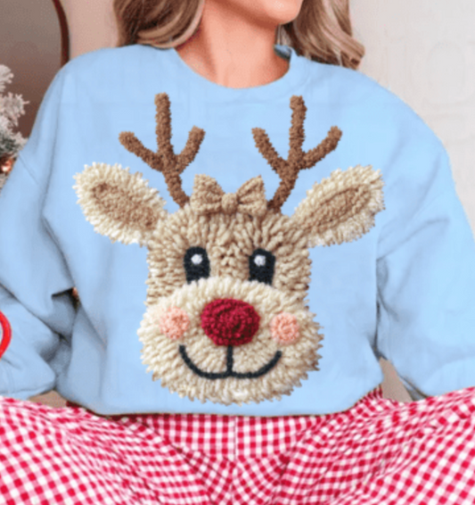 Patchwork Yarn Crochet Reindeer Bow DTF Transfers
