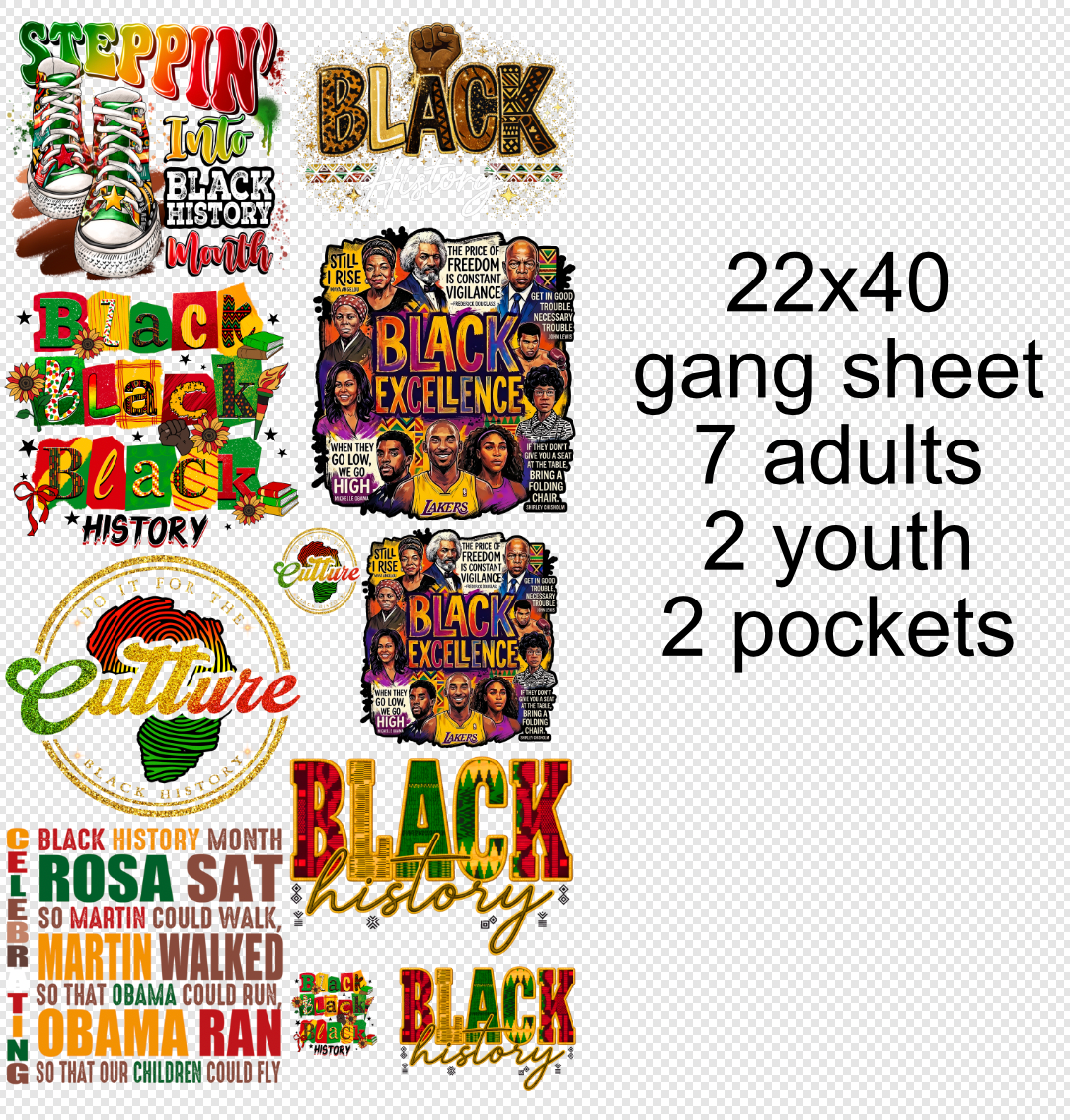 22x40 Black History DTF Gang Sheet Transfer | Ready to Press Transfers | African American Celebration Designs