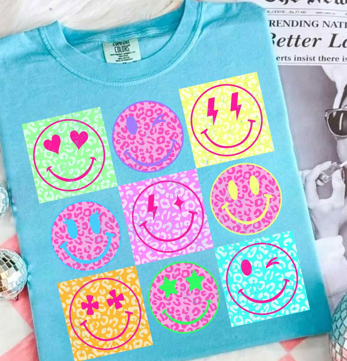 Neon Summer Smiley Face Checkerboard DTF TRANSFER