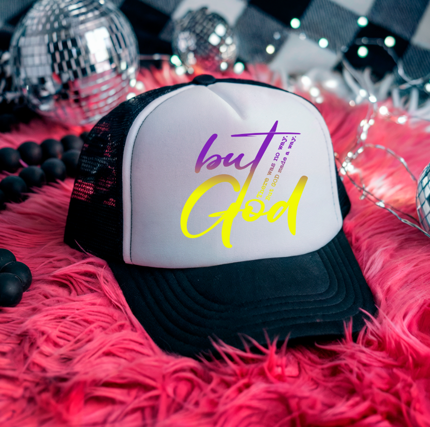 3 inch purple and yellow But God DTF Hat Transfers