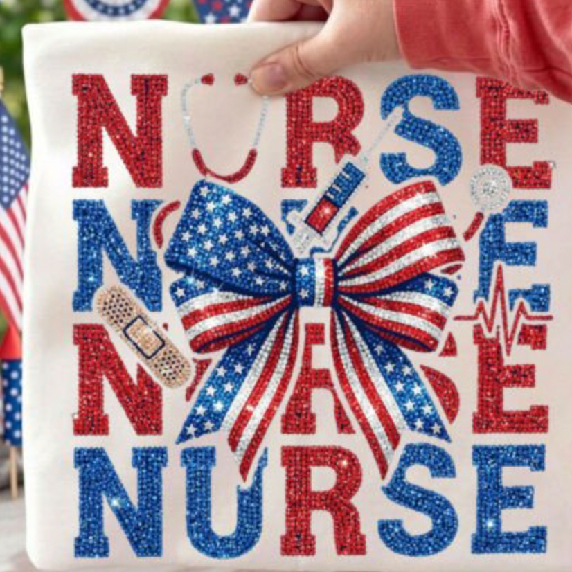 Stacked Nurse Bow Rhinestone DTF Transfer