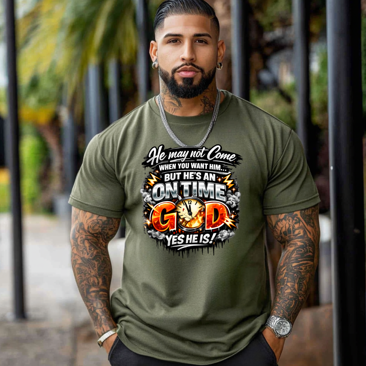 He may not come when you want it but he is a on time God DTF Transfer