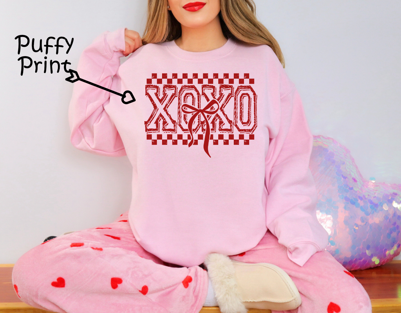 Retro XOXO Checker Coquette Valentines Puffy Screen Print