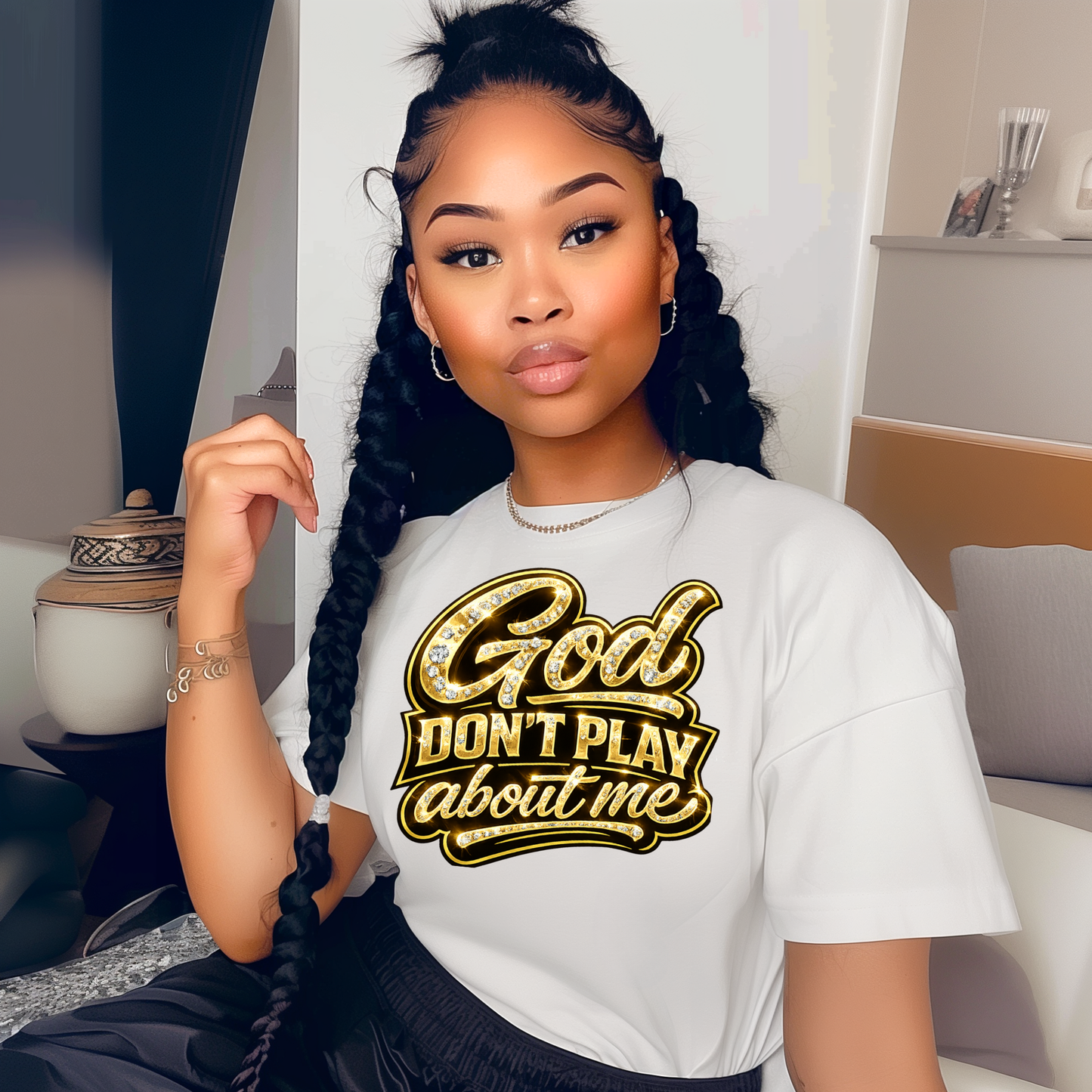 Gold God Don't Play About Me DTF Transfers | Ready to Press Heat Transfers for T-Shirts