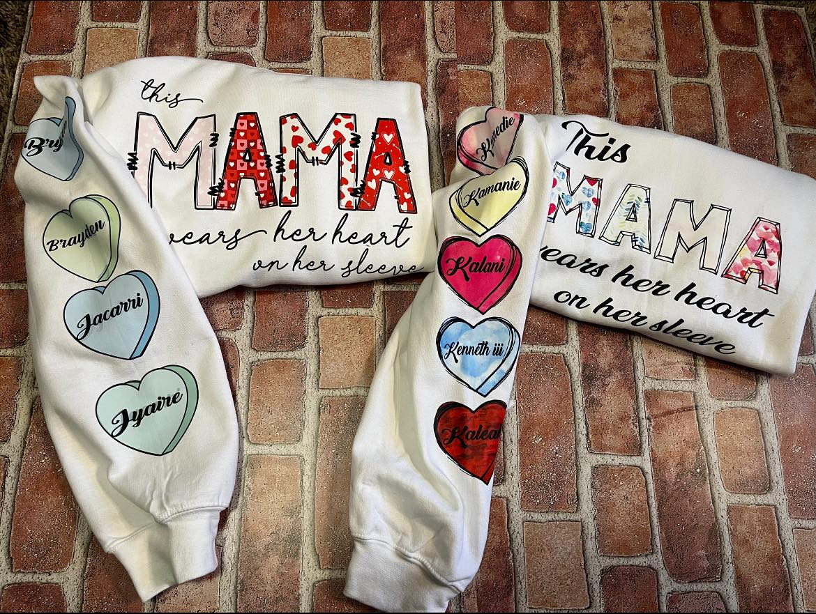 This mama wears her Heart on He Sleeve with heart and child name Transfer (Please Note this transfer will come with three heart with child's name) if you need a extra one please add another heart