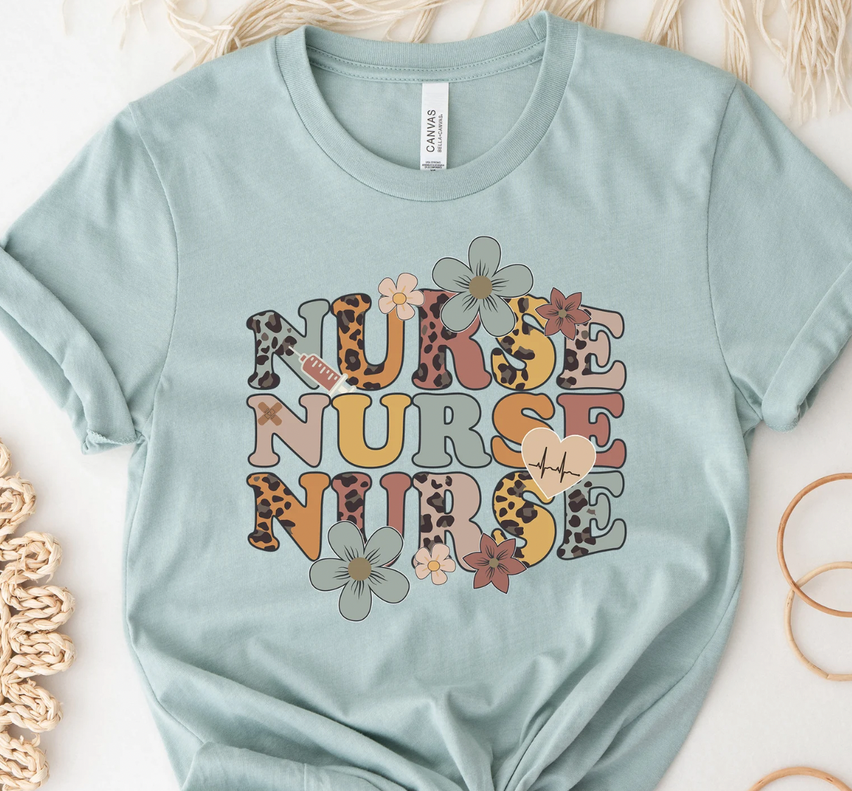 Nurse with Flowers and Cheetah Print Transfer