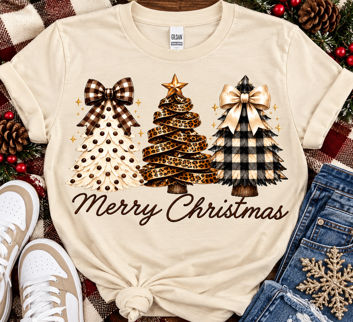 Rustic Plaid Leopard Christmas Trees DTF  Transfer