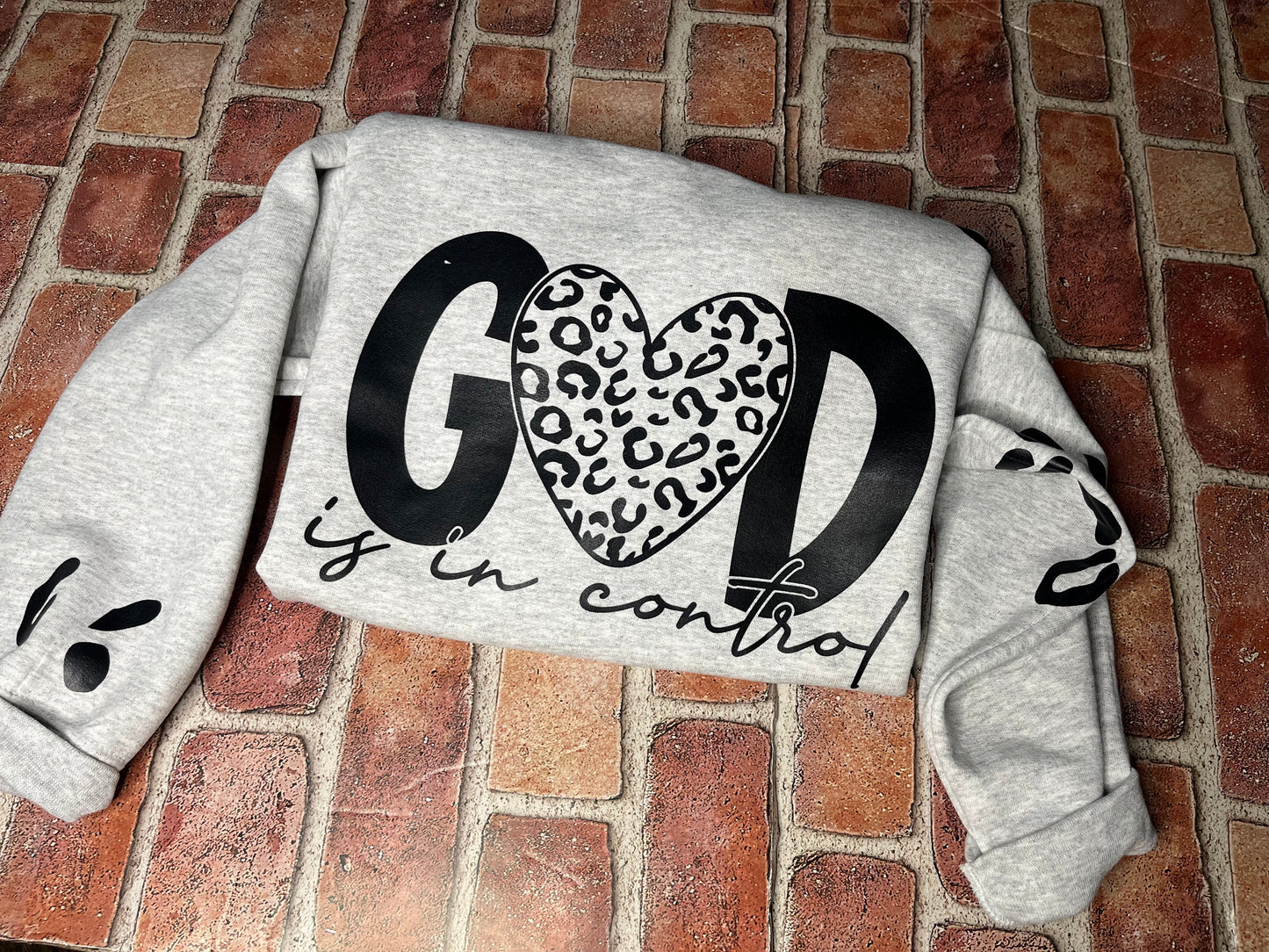 God is In Control Sweatshirt with Leopard  patches