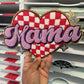 Mama Chenille Heart Patch – Red Checkered Heart with Gold Glitter Trim – Iron On Applique – Retro Varsity Style