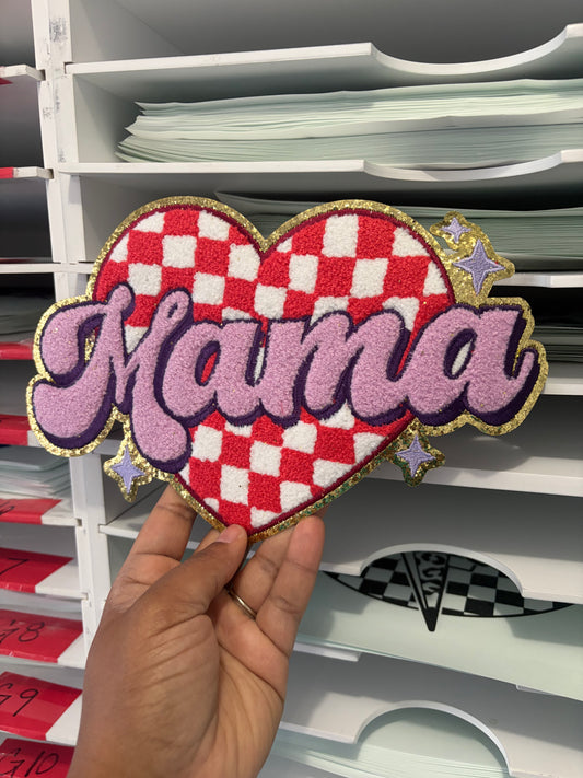 Mama Chenille Heart Patch – Red Checkered Heart with Gold Glitter Trim – Iron On Applique – Retro Varsity Style