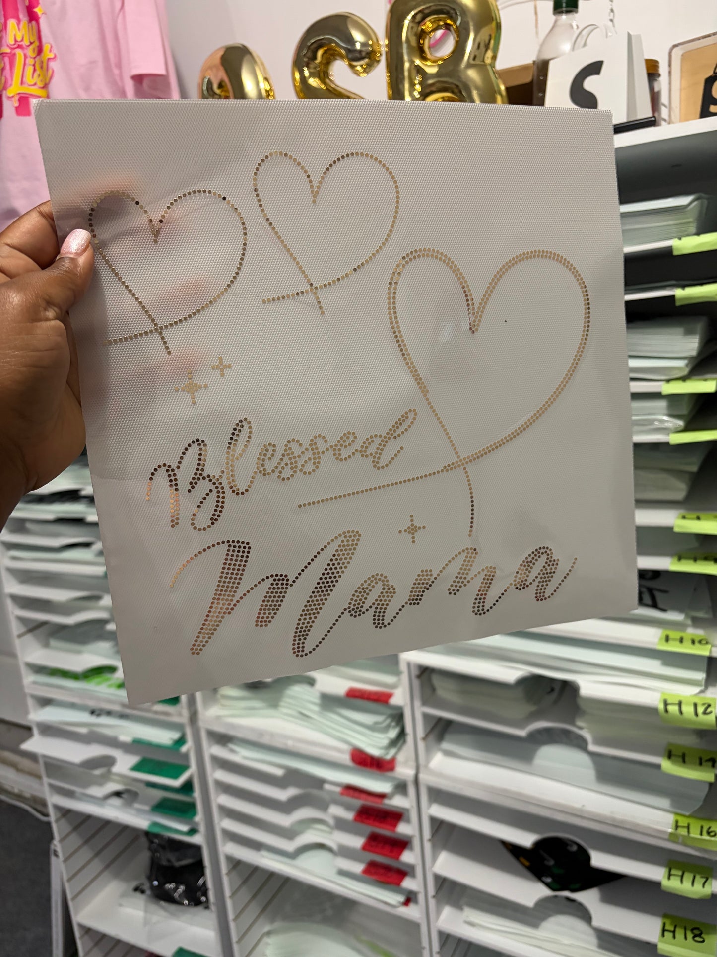 Gold Blessed Mama Spangle Transfer, Heat Transfer, Christian Transfer, Religious Shirt Design, Faith Based Bling Transfer