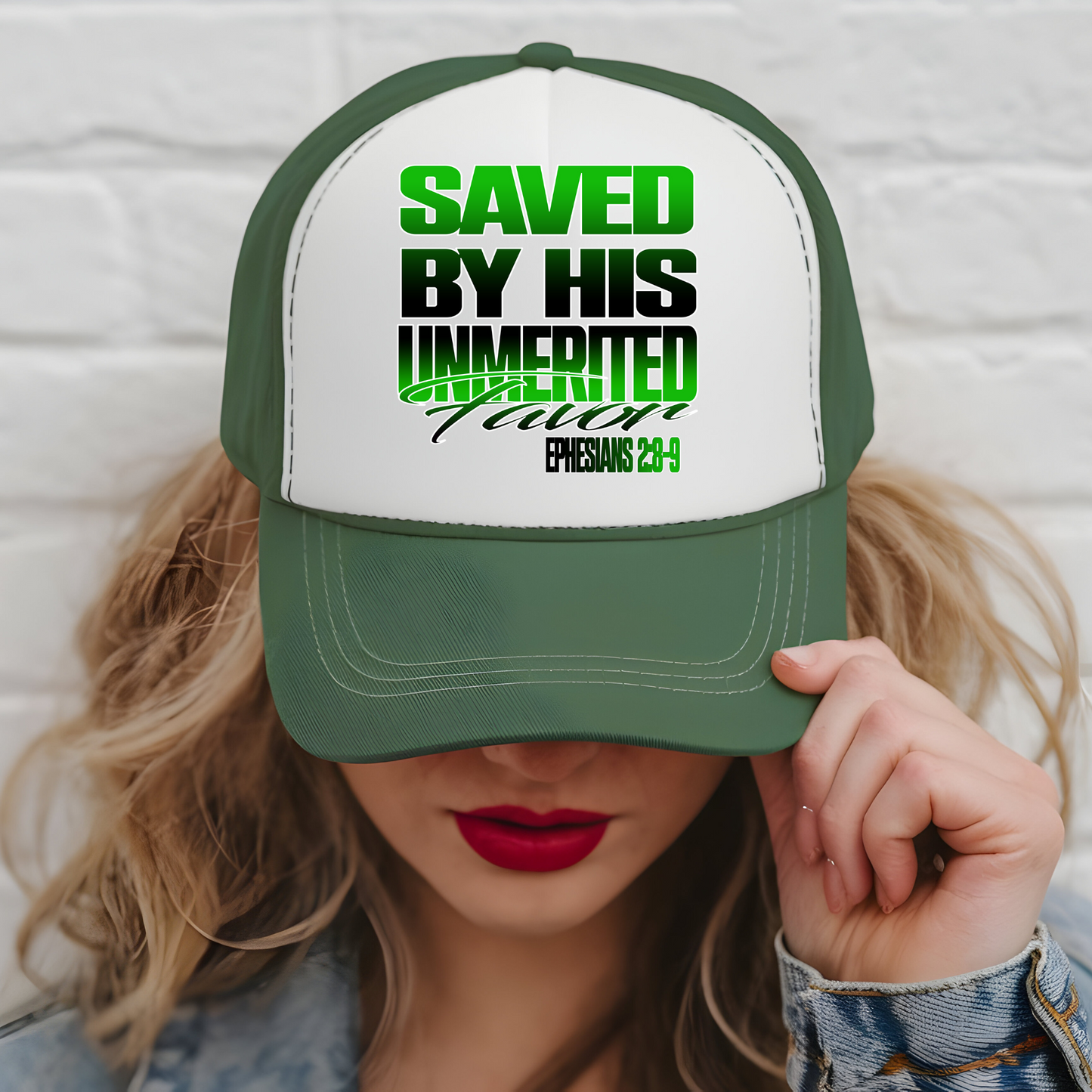 Saved by His Unmerited Favor 3 inch Hat Transfers (two colors)