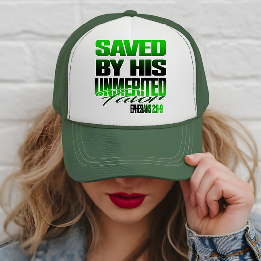 Saved by His Unmerited Favor 3 inch Hat Transfers (two colors)