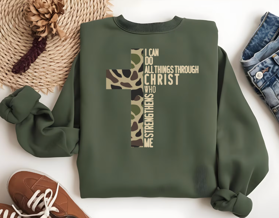 I Can Do All Things Through Christ Who Strengthens Me Camo Cross DTF Transfer