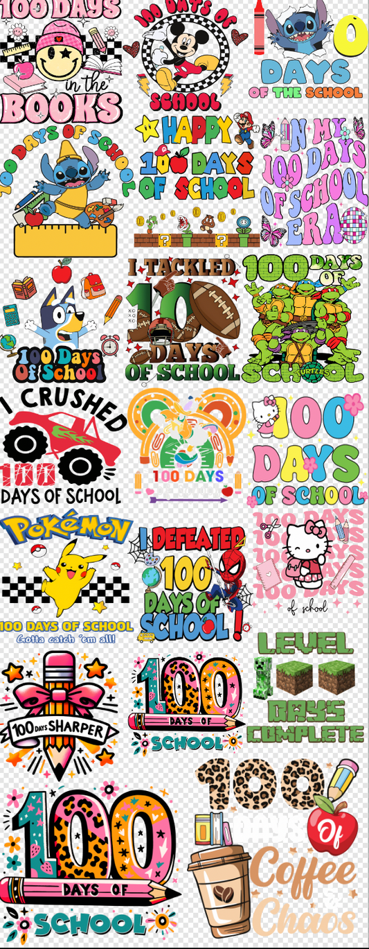 22x60  100 Days of School Cartoon  Gang Sheet  Transfer