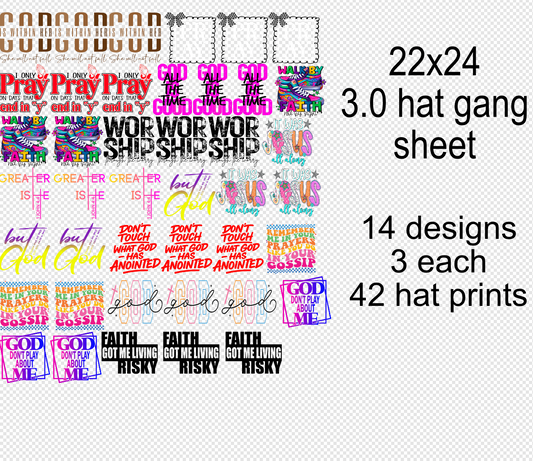 Christian 3.0  DTF Gang Sheet 22x24 + Trucker Hat Size Transfers for Just $0.58 Each Print