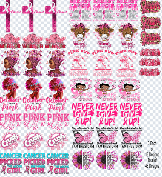 Breast Cancer  Gang Sheet 22x24 + 48 Trucker Hat Size Transfers for Just $0.50 Each Print