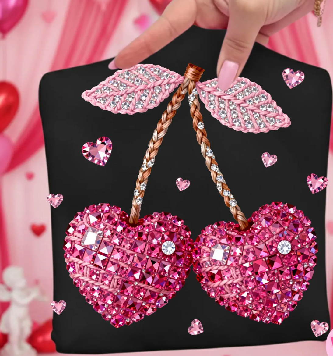 Pink Yarn Sparkle Rhinestone Cherry  DTF Transfer