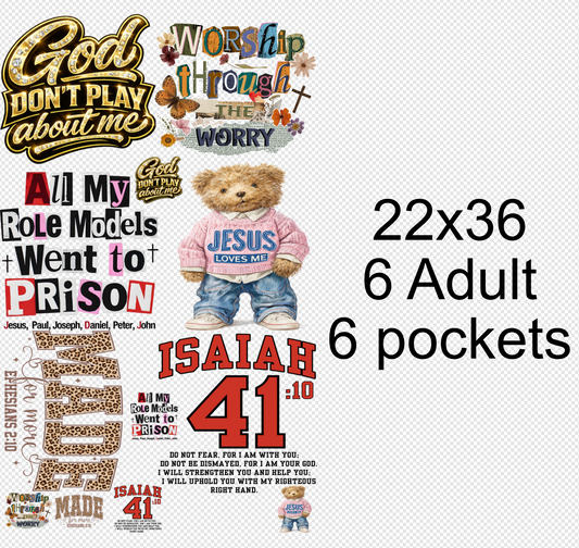 22x36  Christian Quote Gang Sheet | God Don’t Play About Me | Worship Through the Worry | Isaiah 41:10 | Jesus Loves Me Bear | DTF Transfer SheetDTF Gang Sheet