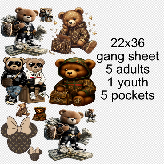 22x36 LUXURY TEDDY BEAR DTF GANG SHEET/ HEAT TRANSFERS