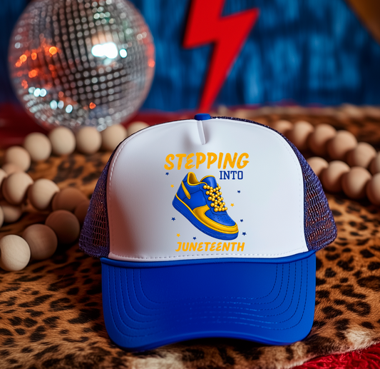 STEPPING INTO JUNETEENTH BLUE AND YELLOW  DTF Hat  Transfer