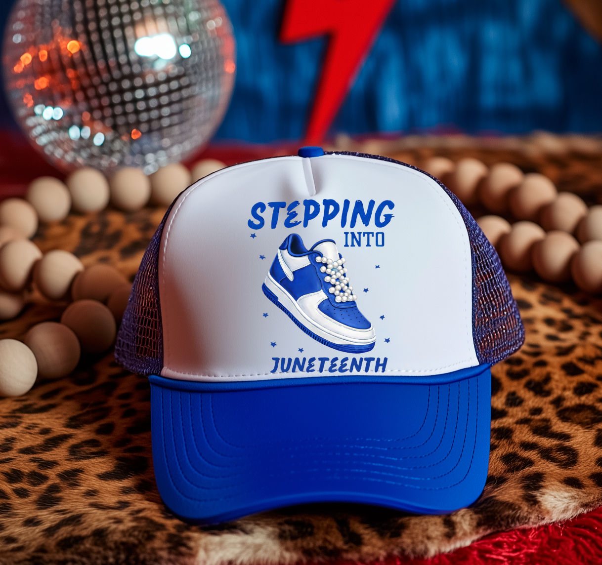 STEPPING INTO JUNETEENTH BLUE AND WHITE  DTF Hat  Transfer