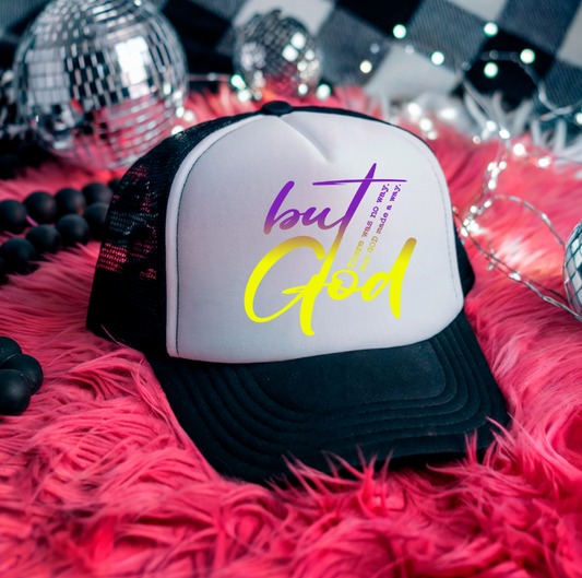 3 inch purple and yellow  But God DTF Hat Transfers