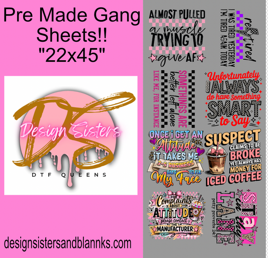 22x45 Sarcastic  DTF Gang Sheet Transfer