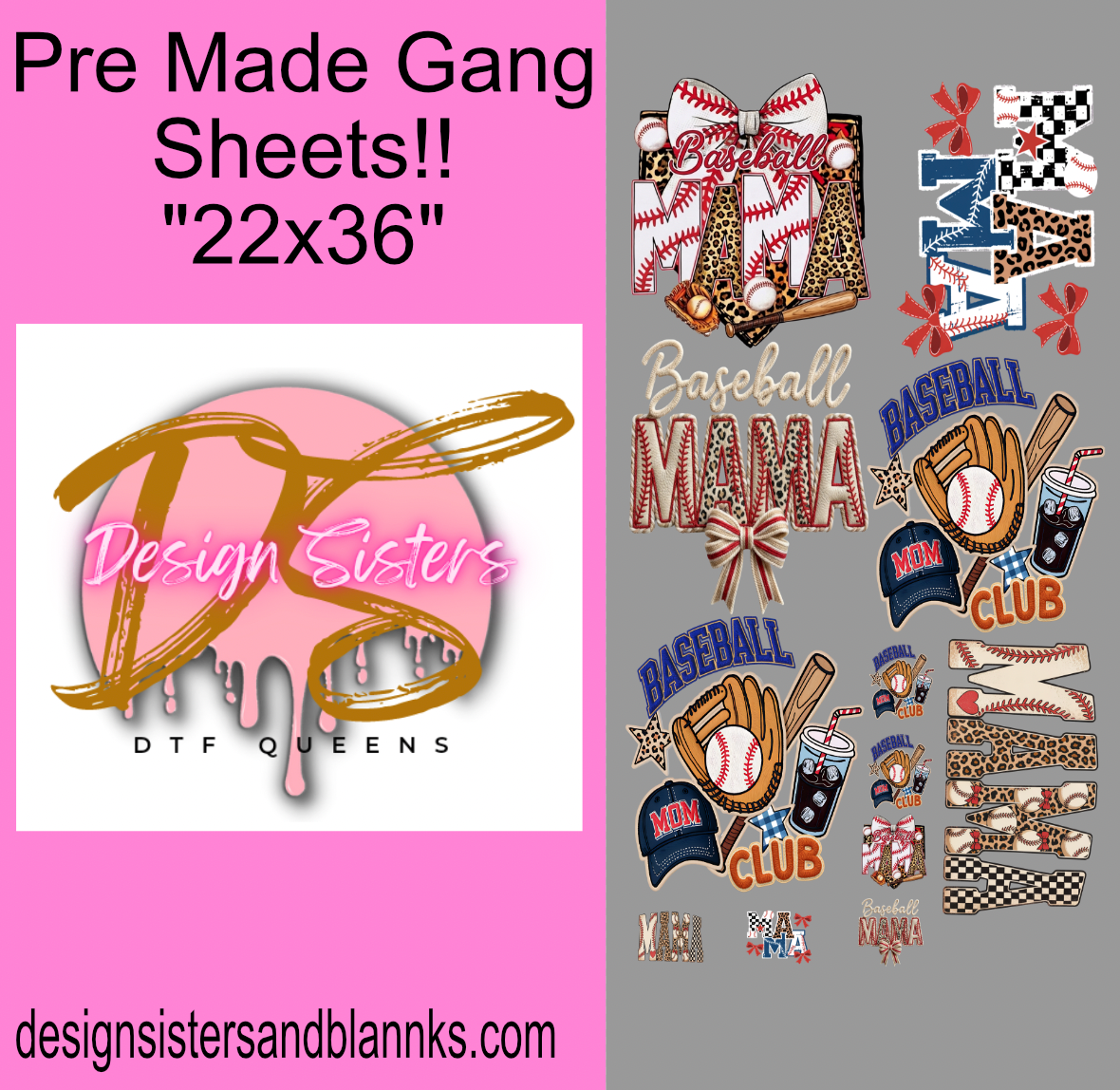 22x36 Baseball Mom GANG SHEET/ HEAT TRANSFERS