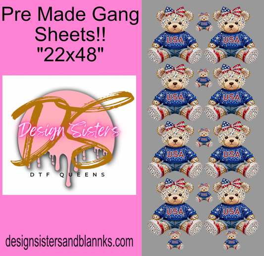 22x48 USA Teddy Bear  DTF Gang Sheet Transfer