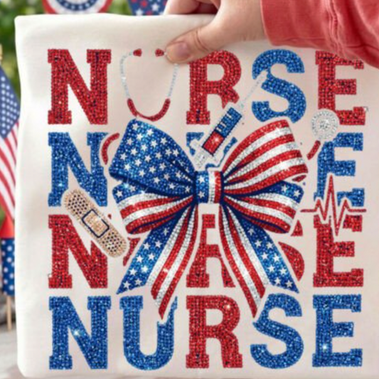 Stacked Nurse Bow Rhinestone DTF  Transfer