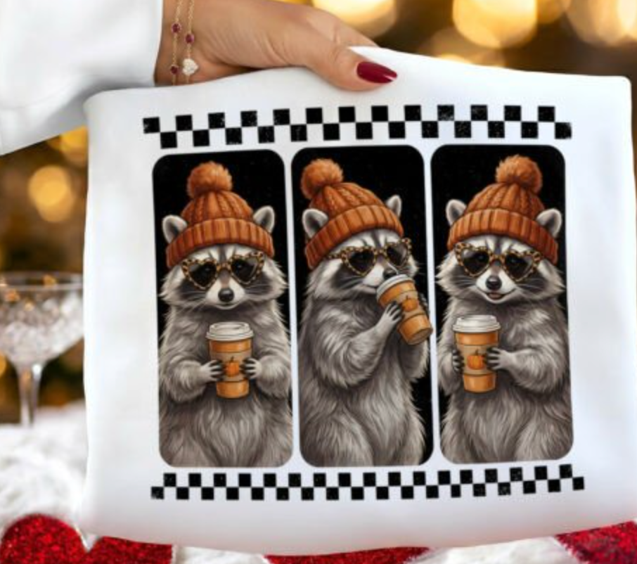 Cozy Raccoon Coffee Fall DTF  Transfers