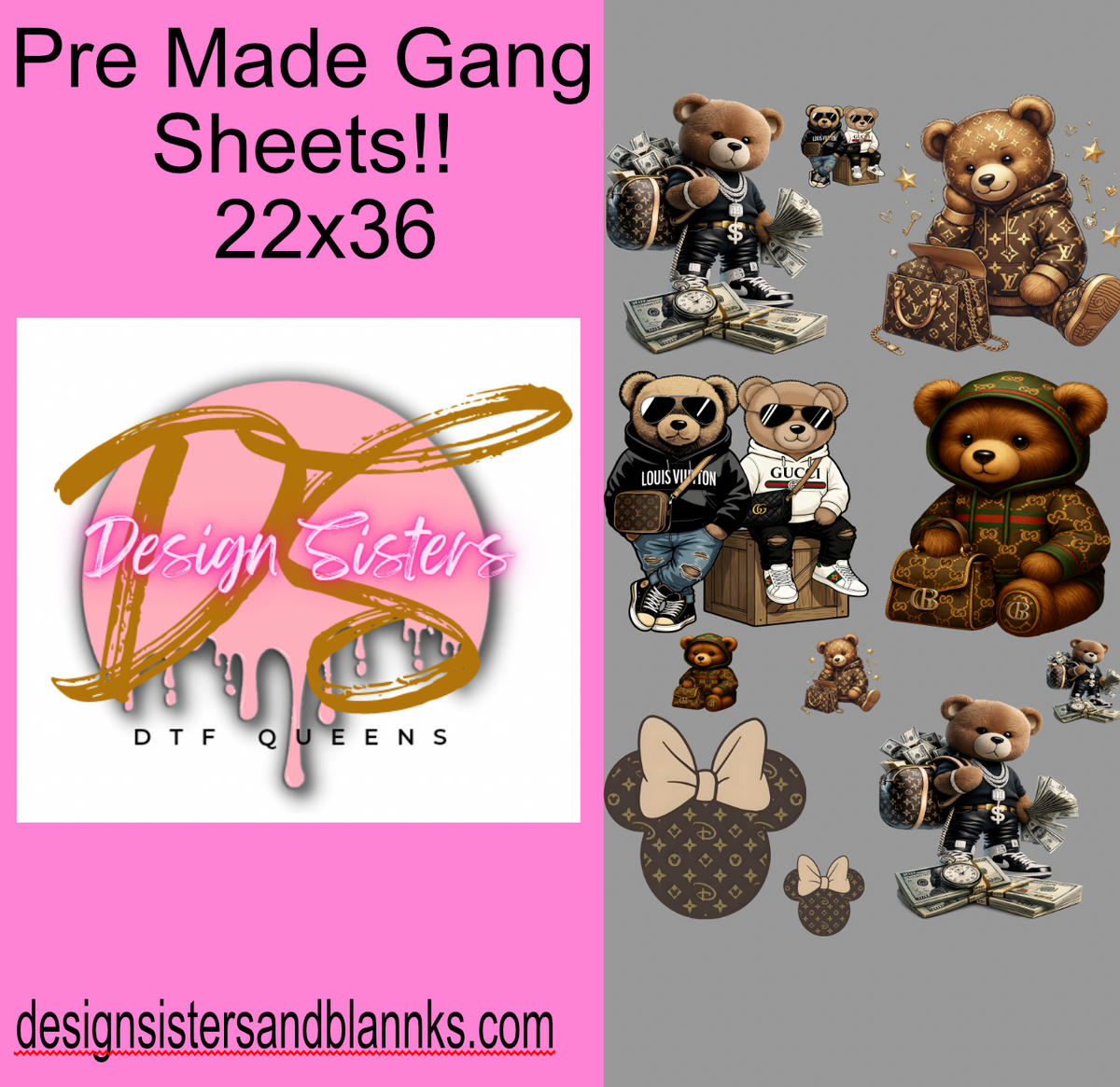 22x36 LUXURY TEDDY BEAR DTF GANG SHEET/ HEAT TRANSFERS