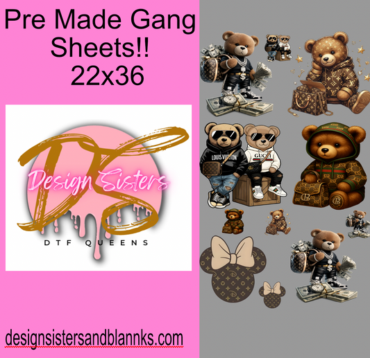 22x36 LUXURY TEDDY BEAR DTF GANG SHEET/ HEAT TRANSFERS