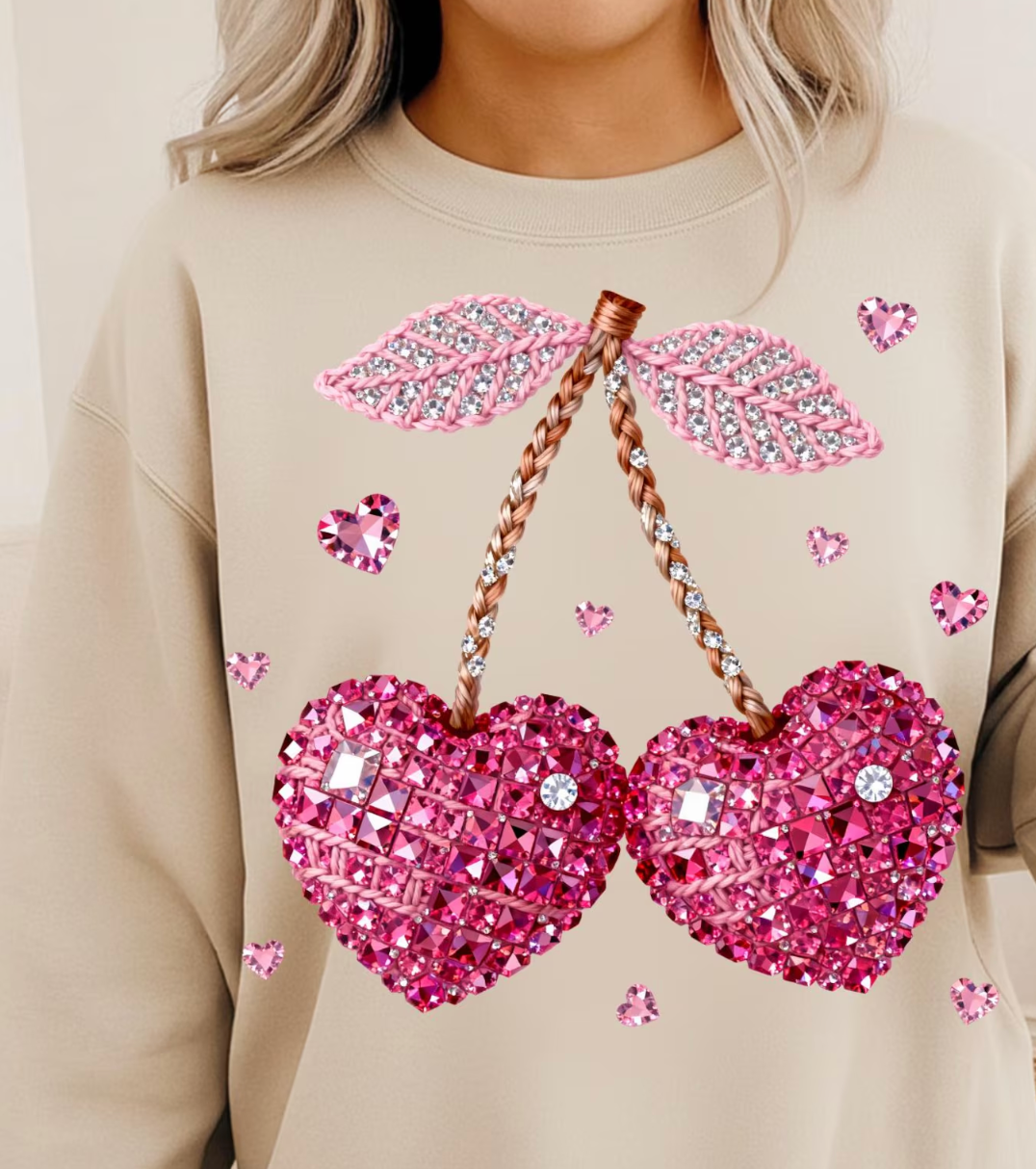 Pink Yarn Sparkle Rhinestone Cherry  DTF Transfer