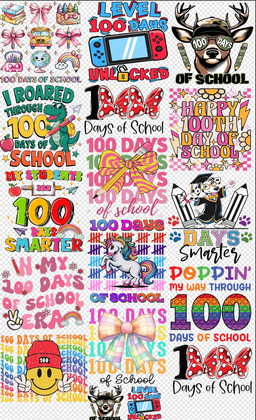 22x36 100 days of school Gang Sheet  Transfer (7 inch youth)