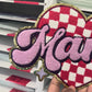 Mama Chenille Heart Patch – Red Checkered Heart with Gold Glitter Trim – Iron On Applique – Retro Varsity Style