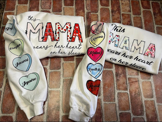 This mama wears her Heart on He Sleeve with heart and child name  Transfer (Please Note this transfer will  come with three heart with child's name) if you need a extra one please add another heart