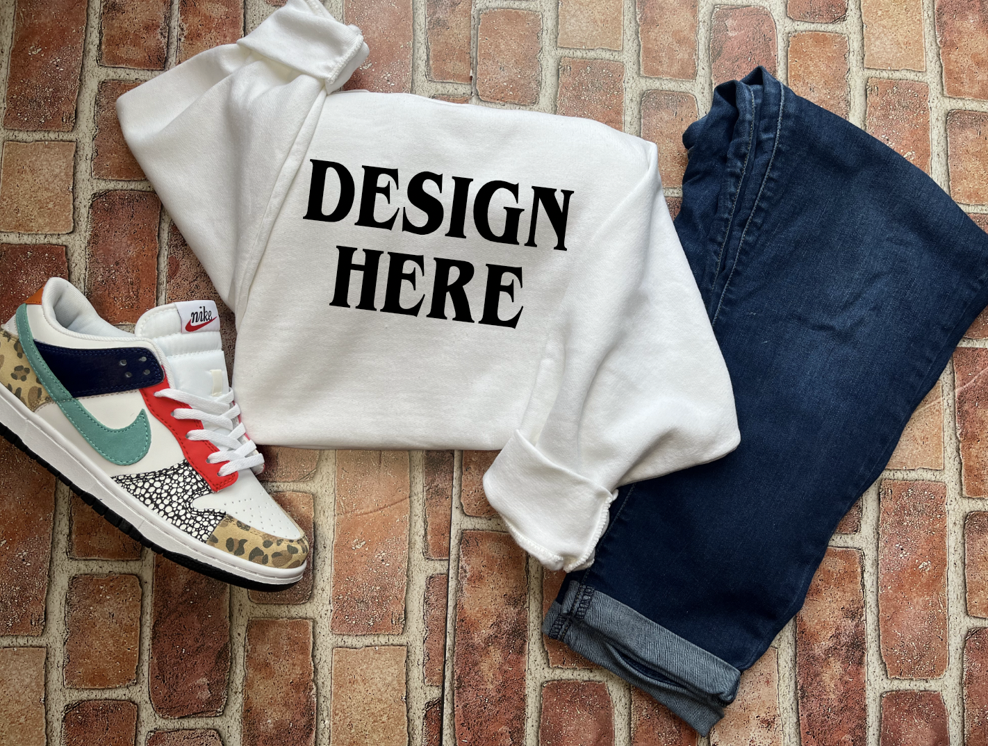 White Gildan G180 Sweatshirt/Everyday Mockup/ PNG File/ GILDAN /G180/Sweatshirt with sneakers in photo